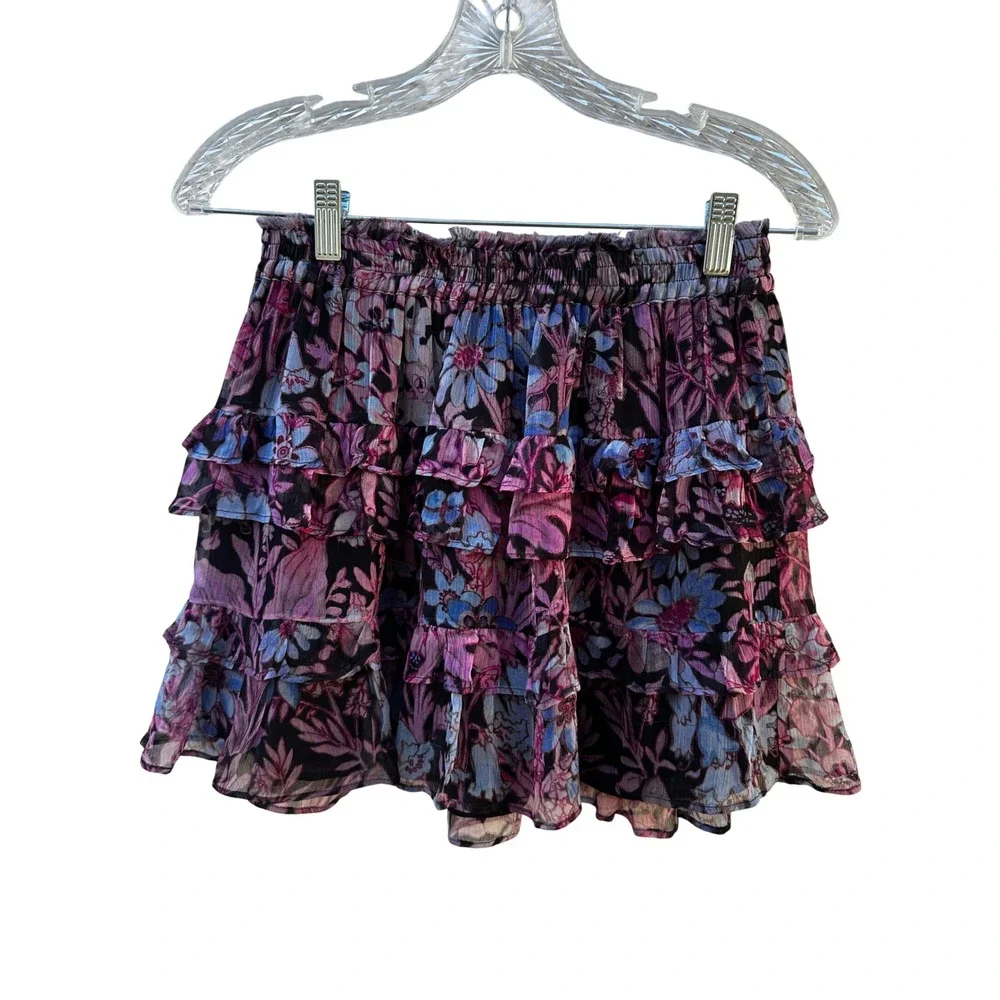 LoveShackFancy Womens XS Floral Tiered Ruffle Mini Skirt Smocked Waist